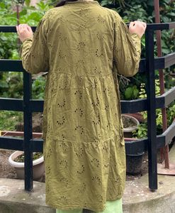 Olive Green Embroidered Tiered Dress