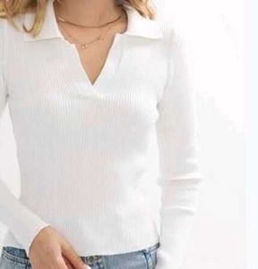 White Ribbed collared Long Sleeve crop Top