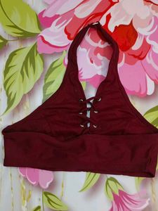 (1200)Burgundy Halter Lace-Up Top