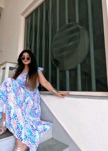 Doted Georgette Maxi Dress With Tie On Waist
