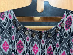 Ikat Fusion Kurti - Grey/Pink - Size L