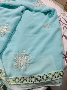 Beautiful Light Sky Color Embroidery Saree
