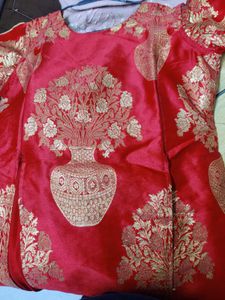 Red Cut Slit Kurta With Golden Lehnga