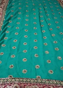 Green Saree with Floral Embroidery &amp; Blouse