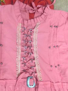 Women Solid Cotton Rayon Anarkali Kurta (Pink)