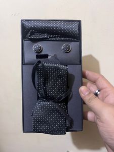 Set Of Black Dotted Tie | Pocket Square | Cufflink
