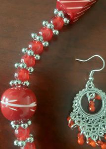 BRAND NEW Red Beaded Necklace &amp; Earring Set