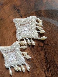 White Beads Embrodered Earrings