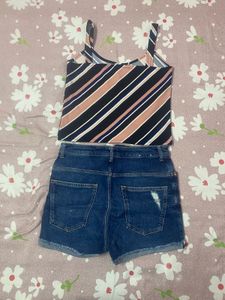 Striped Top &amp; Denim Shorts Set