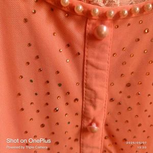 Peach Button-Down Blouse with Lace