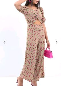 Beige Jumpsuit With Pink Podka Dots.