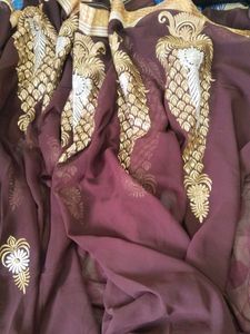 Embroidered marron Saree attach bouse Pisce