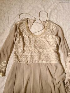 Brown Anarkali Dress Set With Pant And Dupatta