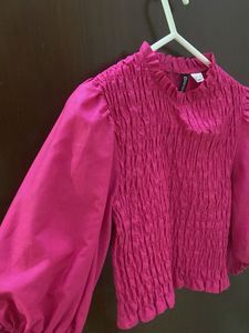 H&amp;M Pink Smocked Puff Sleeve Top