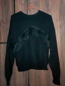 Fringe Detail Black Sweater
