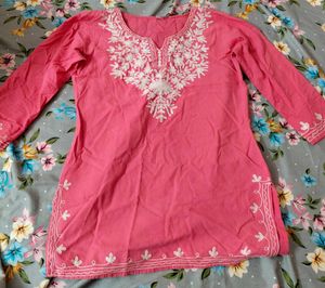 Pink Cotton Chikankari Short Kurti