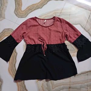 Pink & Black Lace Trim Blouse