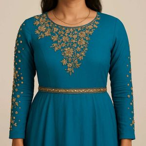 Elegant Teal Indian Outfit with Gold Stone