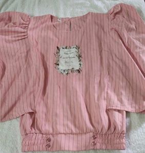 Pink Striped Blouse Puff Sleeves