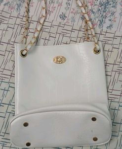 White Tote Bag with Gold Chain
