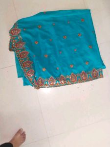 Teal Fabric with Gold Embroidery
