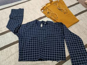 Mustard Yello One Piece With Blue Crop Top