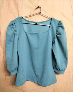 Blue Square Neck Puff Sleeve Top