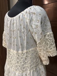 Women’s Cream Gold Embroidered Lace Trim  Dress