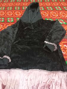 Black Hoodie Jumper Dress With Fur Inside