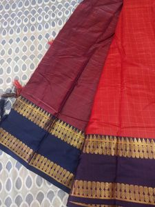 Brand New Soft Silk Saree Red Body And Blue Zari Border All Over Checks With Blouse Pc