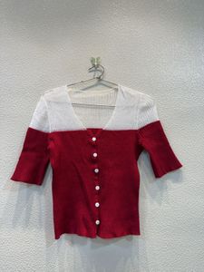 Red &amp; White Color Block Cardigan