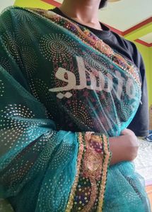 Teal Embellished Net Saree