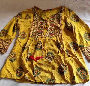 Yellow Floral Print Peasant Short Kurti