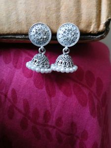 Silver Jhumka Earrings with Pearl Accent