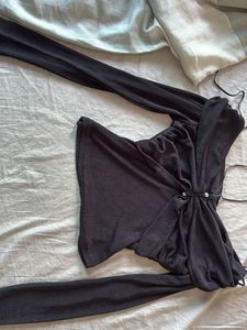 Tie neck ruched off the shoulder long sleeve top