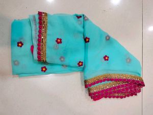 Turquoise Floral Embroidered Saree