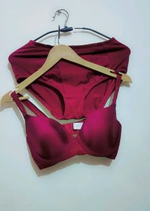 Wine Color Light Padded Bra Panty Set For 34 Bust
