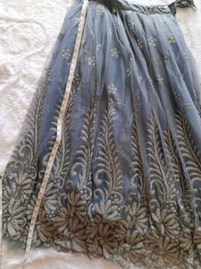 Grey Net Lahanga Blouse And Dupatta