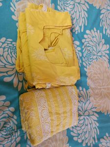 Pure Cotton Yellow Colour XXL Size Half Sleeve Salwar Kameez Set With Slightly Heavy Suta Work Cotton Dupatta