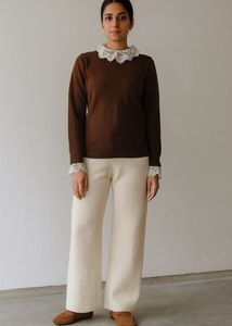 Imported Brown Sweater Top with Lace Collar