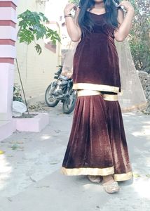 Brown Colour velvet Sharara Suit With Dupatta