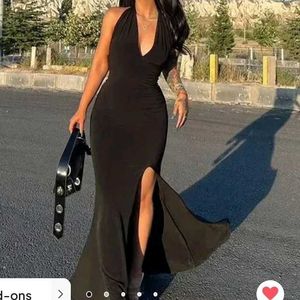 Black Halter Neck Slit mermaid Dress From Newme ,