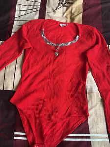 Red Ribbed Bodysuit