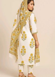 White and Yellow Cotton Kurta Pajama with Dupatta