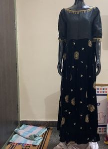 Boat Neck Black Velvet Gown