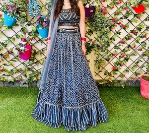 Blue Lehenga Set With Embroidery On Blouse