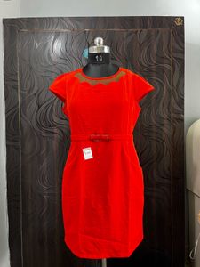 Red belted dress with scalloped neckline