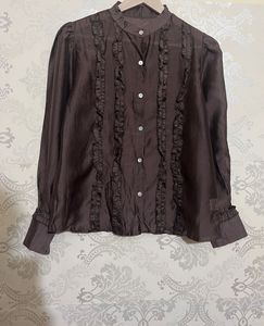 Brown Ruffled Button-Down Blouse