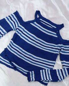Blue Ribbed Striped Off Shoulder Short Top