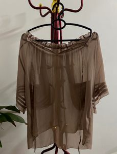 ✨Sheer Dusty Brown Top With Tie Detail✨